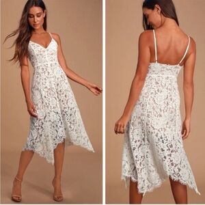 LULUS One Wish White Lace Midi Dress Handkerchief Hem w. Nude Lining - Size XXS